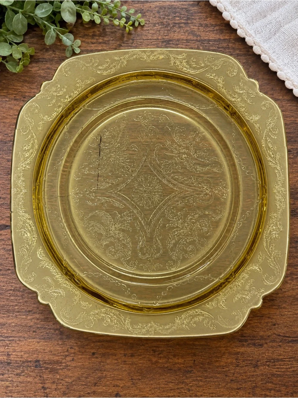 Vintage Amber Depression Glass Dinner Plates Set of 2 Square Ornate